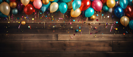 Colorful balloons and confetti against wooden planks with copy spaceの素材