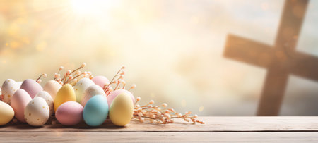 Easter eggs on wooden table with cross and bokeh backgroundの素材