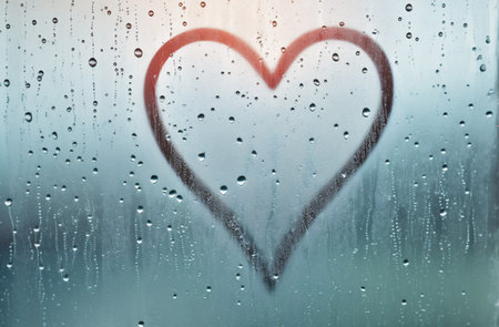 Heart shape on the wet window glass. Love and romance concept.の素材