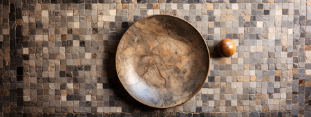 Top view of empty ceramic bowl on mosaic tiles, panoramic shot.の素材