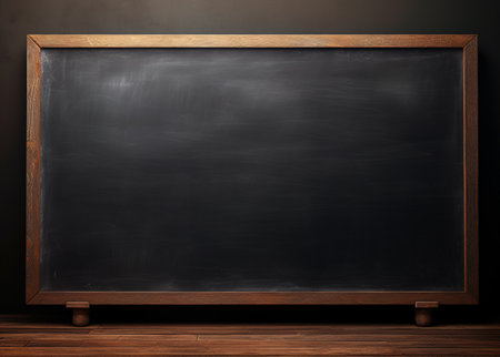 Blackboard on a wooden table in front of a dark wall.の素材