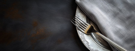Vintage table setting with silverware and napkin on dark background.の素材