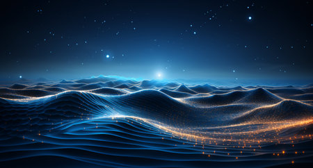 3d rendering of abstract background with waves and stars in space.の素材