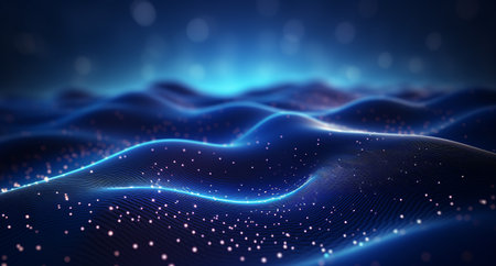 3D rendering of abstract digital landscape with flowing particles and depth of fieldの素材