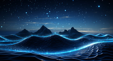 Abstract digital landscape with mountains and blue starry sky. 3D renderingの素材