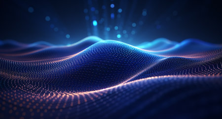 3D rendering of Abstract digital landscape with polygonal shape and connecting dots and lines. Connection structure. Big data visualization.の素材