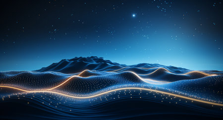 3d rendering of abstract digital landscape with glowing particles and starry sky.の素材