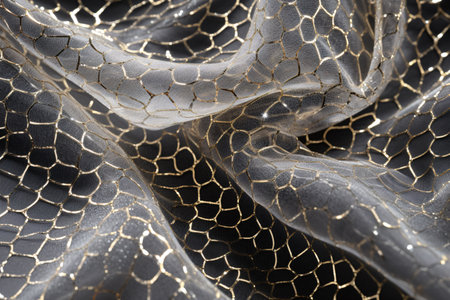 Texture background pattern. The fabric is transparent, black with gold threads, the material allowing the light to pass through it so that the objects behind are clearly visible.の素材