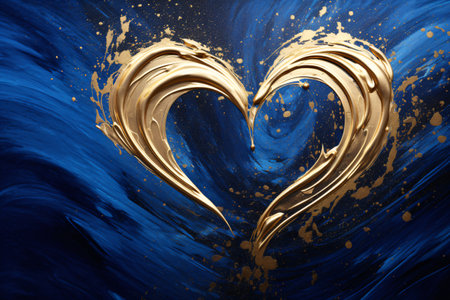 Gold paint splash in the shape of a heart on a blue backgroundの素材