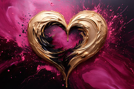 Heart made of gold and pink paint splashes on a black backgroundの素材