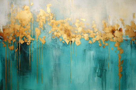 abstract blue background with gold paint splashes and stains on it.の素材
