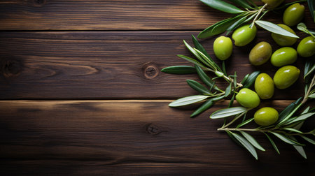 Olives with leaves on wooden background. Top view with copy spaceの素材