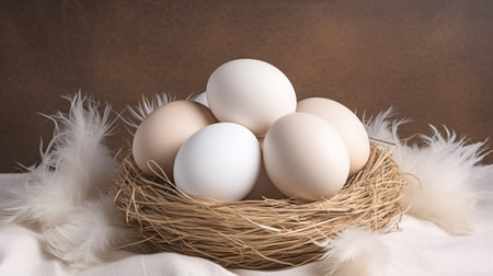 White eggs in a nest with feathers on a beige background.の素材