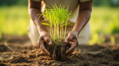 Close up of farmer hands planting seedlings in fertile soil in agriculture fieldの素材