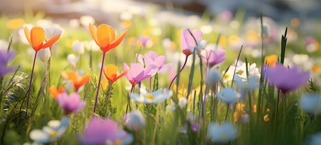 Colorful crocus flowers blooming on meadow in spring timeの素材