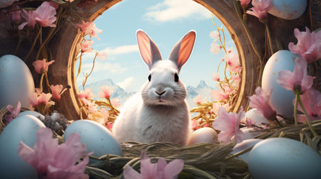 Easter bunny and eggs in nest with pink flowers. 3D renderingの素材