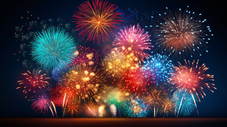 Colorful fireworks of various colors over night sky background. Celebration concept.の素材