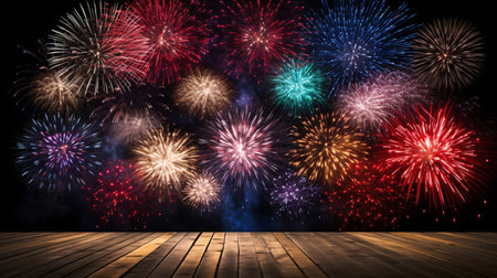 Background image with fireworks and wooden floor, ready for product display montageの素材