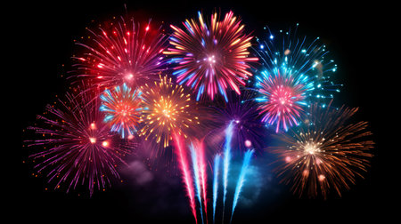 Colorful fireworks of various colors over night sky background. Celebration concept.の素材