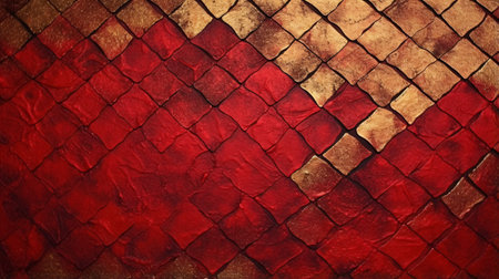 Old grunge background with red and orange rhombus pattern.の素材