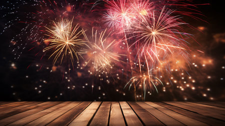 Colorful fireworks display over wooden deck table with space for your textの素材