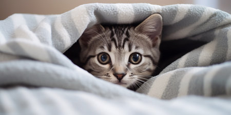 Cute little tabby kitten hiding under blanket at home. Adorable pet looking at camera.の素材