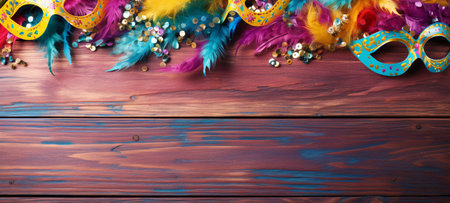 Mardi Gras background with carnival mask and feathers on wooden boardの素材