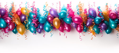 Colorful balloons and streamers on a white background with copy spaceの素材