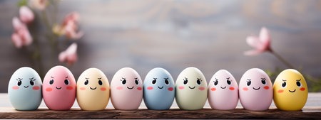 Easter eggs with cute faces on wooden table in front of blurred backgroundの素材