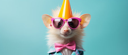 Cute little rat in party hat and glasses on blue background.の素材
