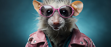 Portrait of a cute funny hedgehog wearing pink sunglasses and leather jacketの素材