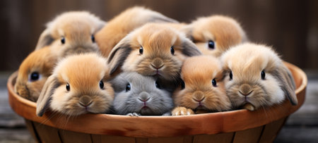 Group of cute baby rabbits in a basket on a wooden background.の素材