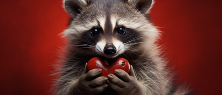Raccoon holding a red heart on a red background. Valentine's Day.の素材