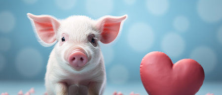 Cute little piglet with pink heart on blue background, bannerの素材
