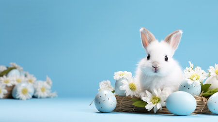 Cute little bunny with easter eggs and flowers on blue backgroundの素材