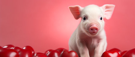 Cute little pig with red hearts on red background, closeup.の素材