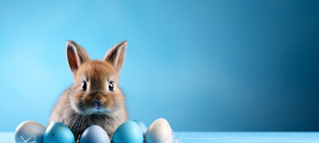 Easter bunny and easter eggs on blue background. Banner.の素材