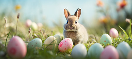 Easter bunny and Easter eggs in the meadow with flowersの素材