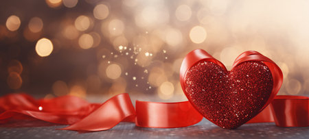 Valentine's day background with red heart and ribbon on bokeh backgroundの素材