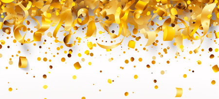 Celebration background with gold confetti and ribbons. Vector illustration.の素材
