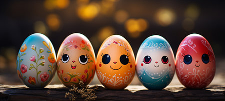 Easter eggs with cute faces on wooden background with bokehの素材