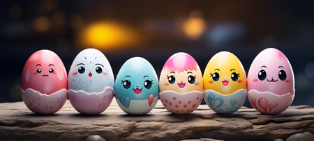 Easter eggs with cute faces. 3d rendering. Bokeh background.の素材