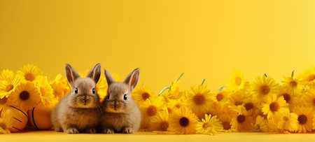 Cute little Easter bunnies with yellow flowers on yellow backgroundの素材