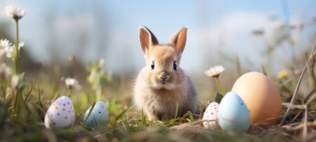 Cute Easter bunny and eggs in the meadow, shallow depth of fieldの素材