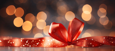 Red ribbon with bokeh background, Christmas and New Year conceptの素材