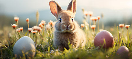 Happy Easter! Cute little bunny with easter eggs in grassの素材