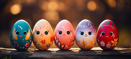 Easter eggs on a wooden background with a bokeh effectの素材