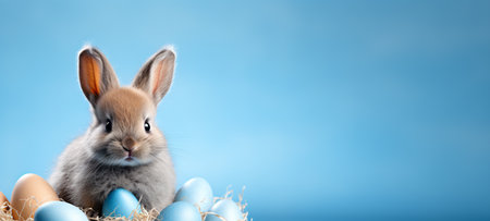 Easter bunny with eggs in nest on blue background. Banner.の素材