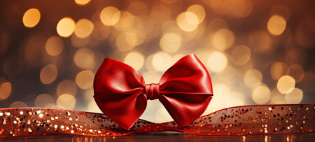 Red bow and ribbon on bokeh background. 3d renderingの素材
