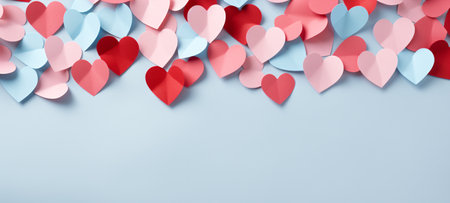 Valentine's day background with paper hearts on blue background.の素材